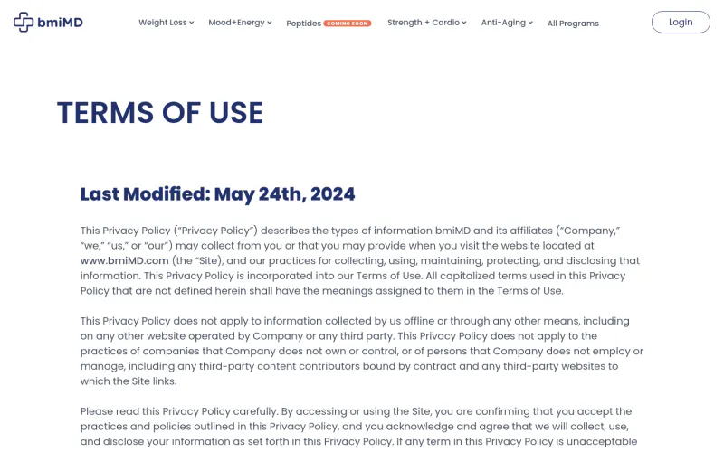 bmiMD terms page screenshot