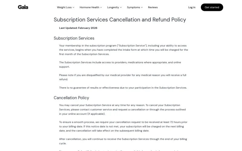 Gala Health refund policy page screenshot
