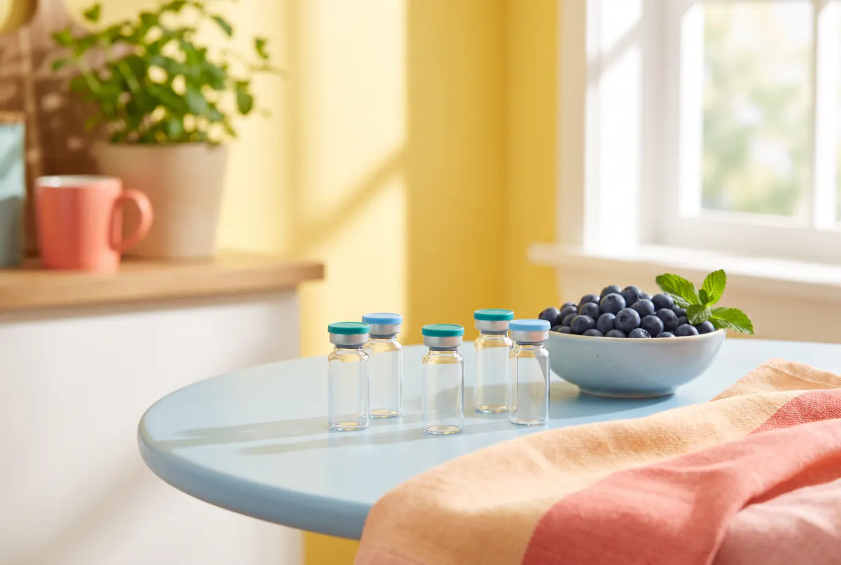 Small vials with teal and sky-blue caps beside berries on a pastel-blue table