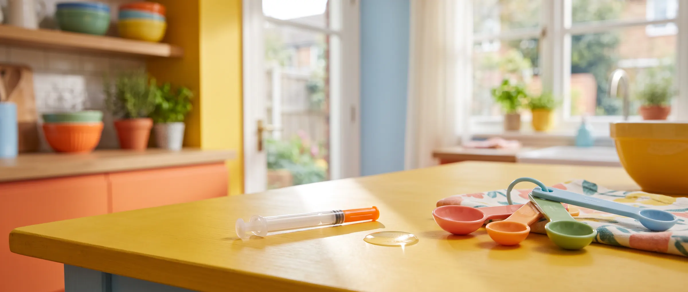 A capped thin syringe beside a drop of water on a bright yellow table