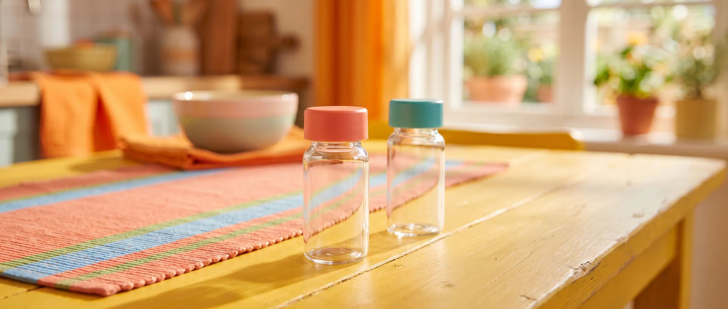 Two plain glass vials with coloured caps side by side on a sunny table