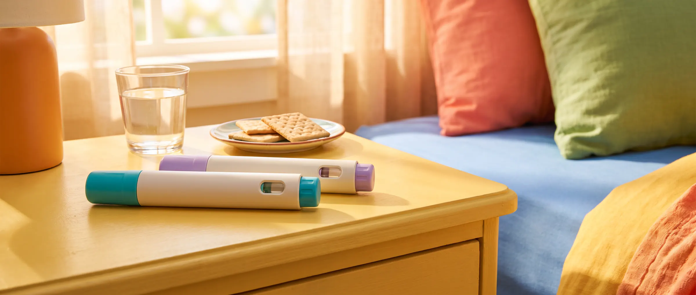 Two plain injection pens, one teal and one lilac, beside a glass of water and crackers on a sunny table
